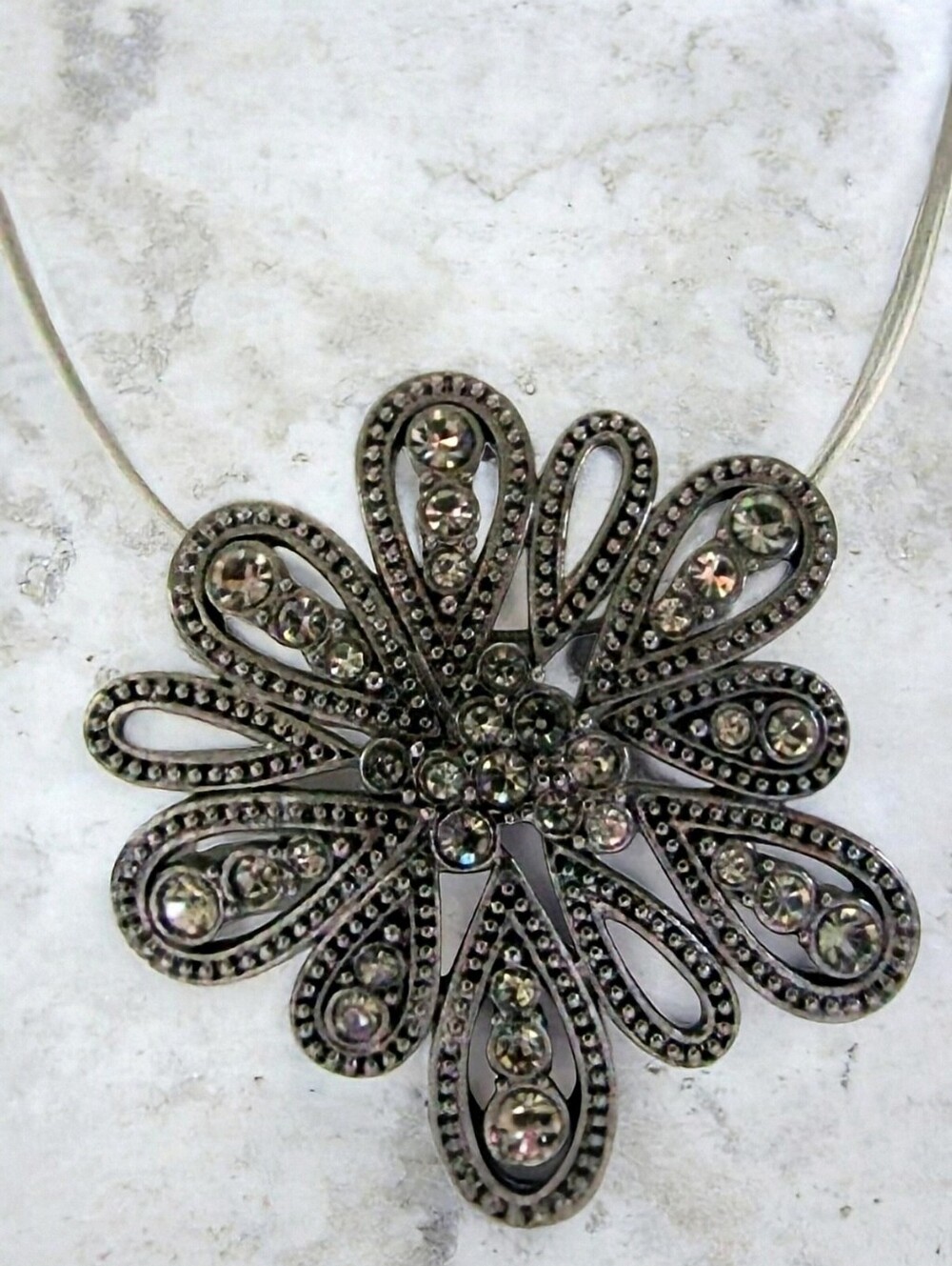 Chico's Gunmetal Smoky Rhinestone Flower Pendant Multi Wire Statement Necklace.